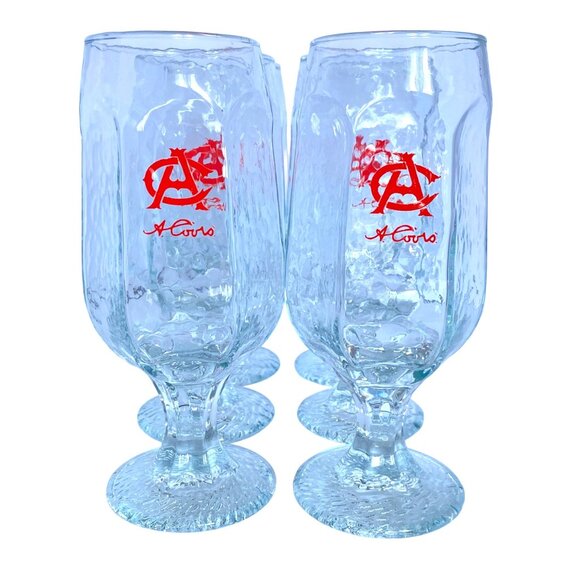 Beer Glasses AC Adolph COORS Rippled Texture Hex Design Stem Set of 6 Vintage - Picture 2 of 9